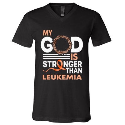 Faith My God Is Stronger Than Leukemia Awareness Ribbon V-Neck T-Shirt