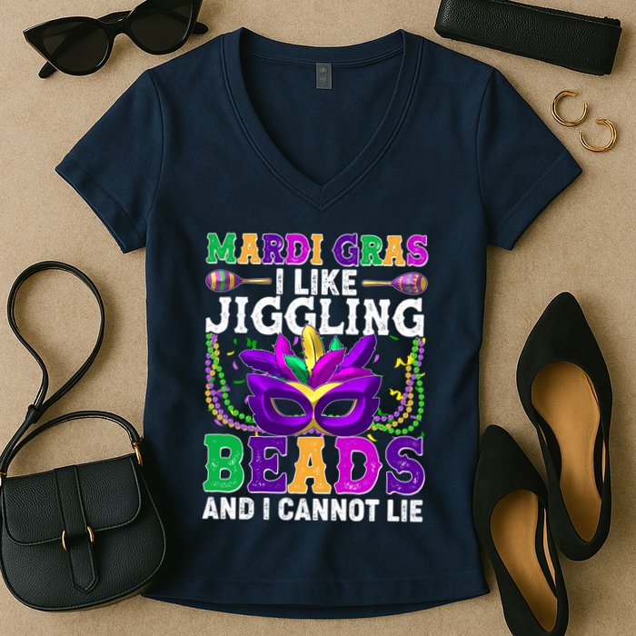 Funny Mardi Gras I Like Jiggling Beads And I Cannot Lie Women's V-Neck T-Shirt