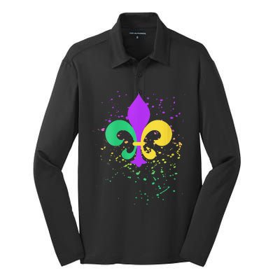 festival Mardi Gras Fleur De Lis Paint Splatter NOLA Silk Touch Performance Long Sleeve Polo