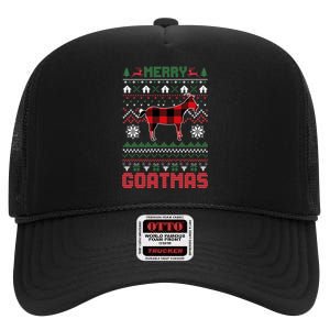 Funny Merry Goatmas Ugly Christmas Sweater Goat Santa Hat High Crown Mesh Back Trucker Hat