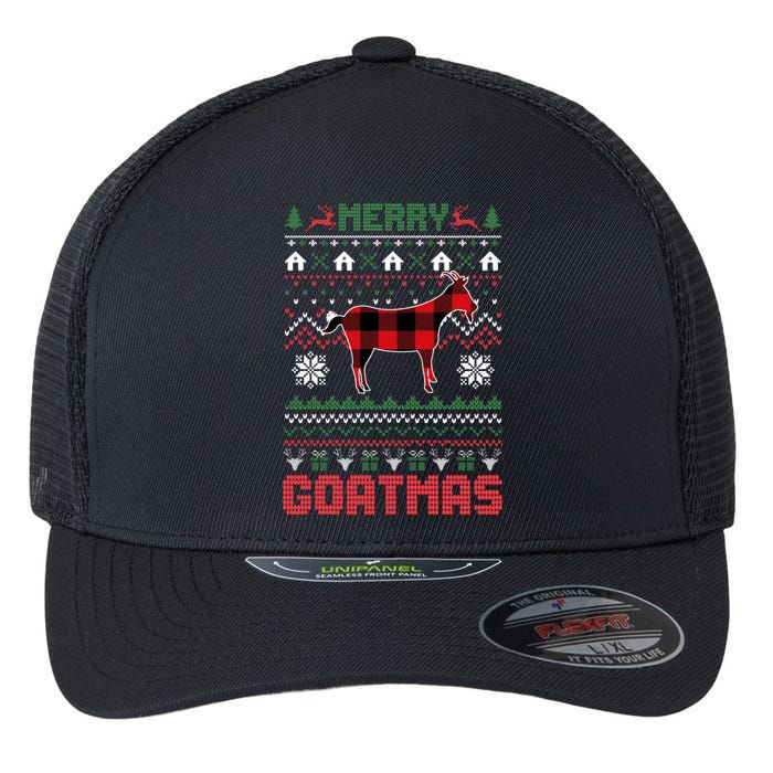 Funny Merry Goatmas Ugly Christmas Sweater Goat Santa Hat Flexfit Unipanel Trucker Cap