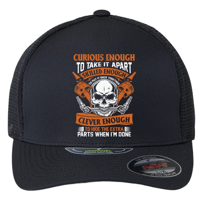 Funny Mechanic Gift Curious Skilled And Clever Car Fixing Flexfit Unipanel Trucker Cap