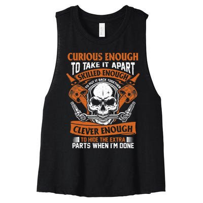 Funny Mechanic Gift Curious Skilled And Clever Car Fixing Women's Racerback Cropped Tank