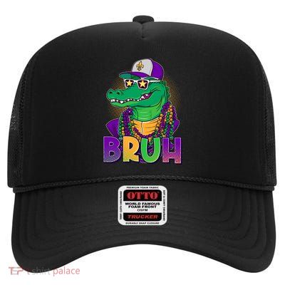 Funny Mardi Gras Bruh Alligator High Crown Mesh Back Trucker Hat