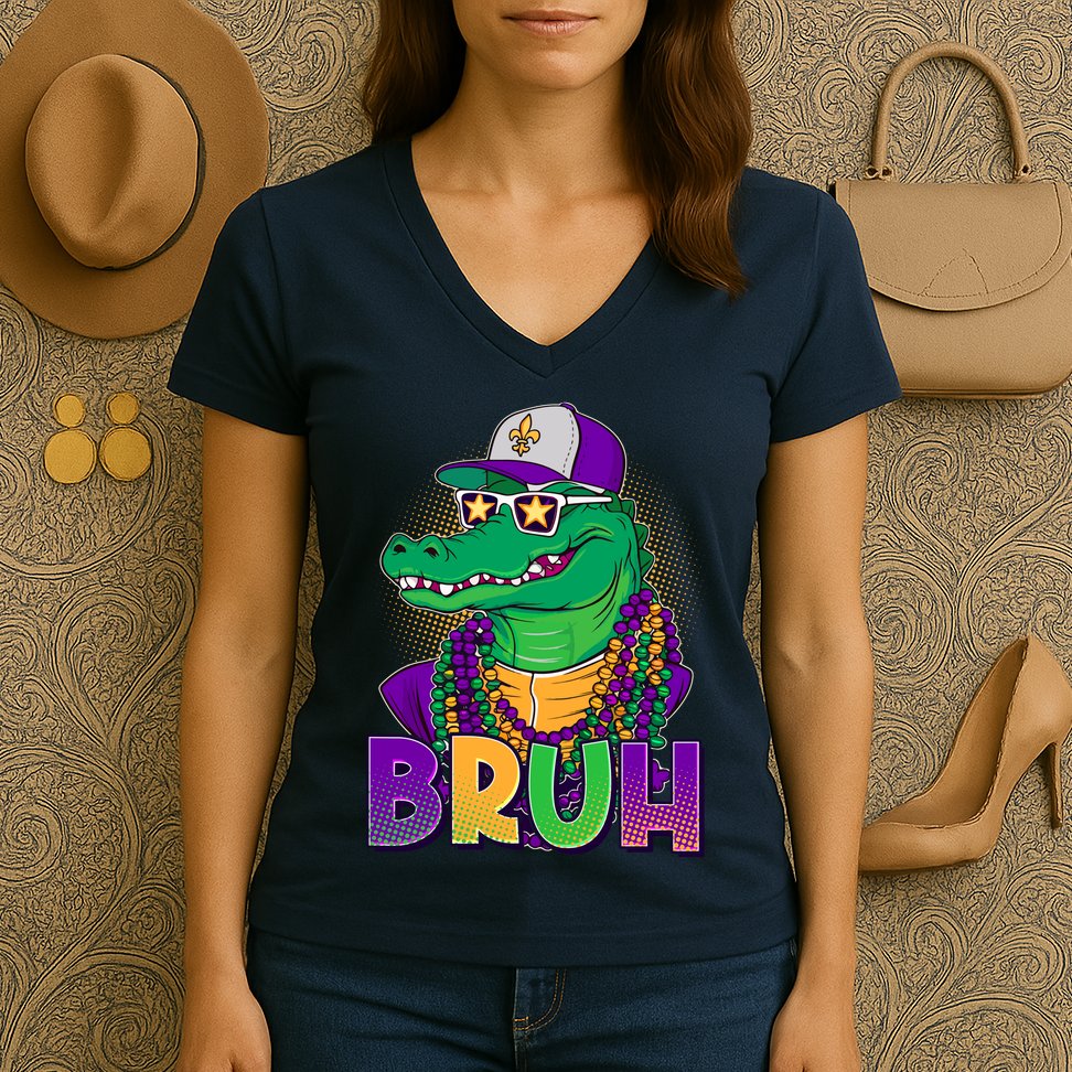 Funny Mardi Gras Bruh Alligator Women's V-Neck T-Shirt