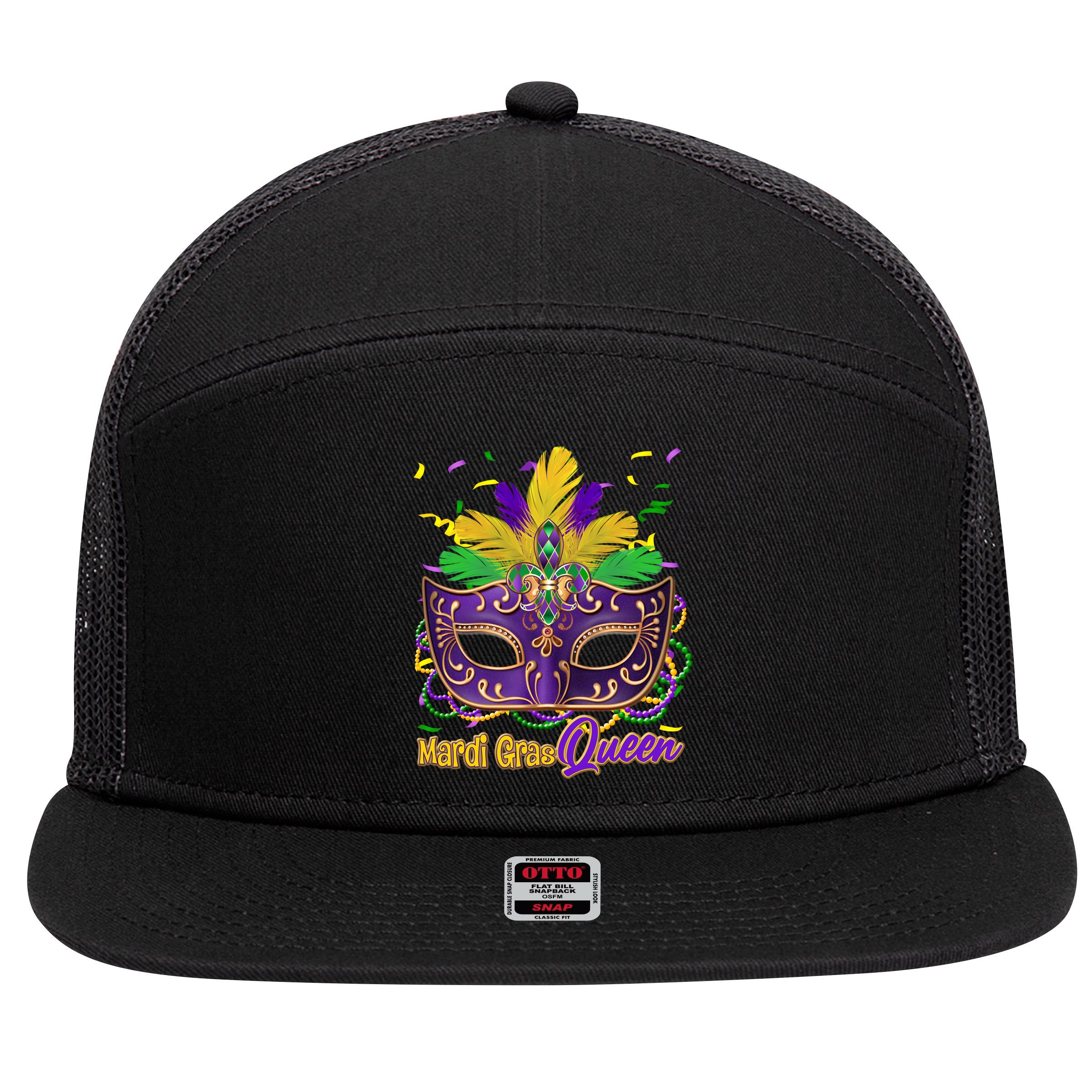 Festive Mardi Gras Queen 7 Panel Mesh Trucker Snapback Hat