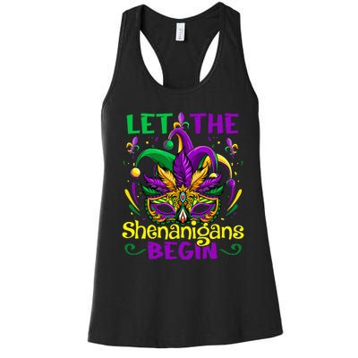 Funny Mardi Gras Let The Shenanigans Begin Mask Jester Hat Women's Racerback Tank