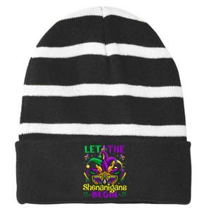 Funny Mardi Gras Let The Shenanigans Begin Mask Jester Hat Striped Beanie with Solid Band