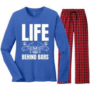 Funny Motorcycle Gift Life Behind Motorcycle Bars Cool Gift Women's Long Sleeve Flannel Pajama Set 