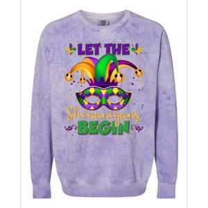 Funny Mardi Gras Let The Shenanigans Begin Jester Hat Mask Colorblast Crewneck Sweatshirt