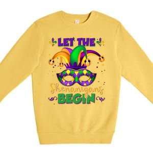 Funny Mardi Gras Let The Shenanigans Begin Jester Hat Mask Premium Crewneck Sweatshirt