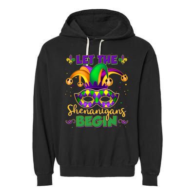 Funny Mardi Gras Let The Shenanigans Begin Jester Hat Mask Garment-Dyed Fleece Hoodie