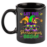 Funny Mardi Gras Let The Shenanigans Begin Jester Hat Mask 11oz C Handle Ceramic Mug