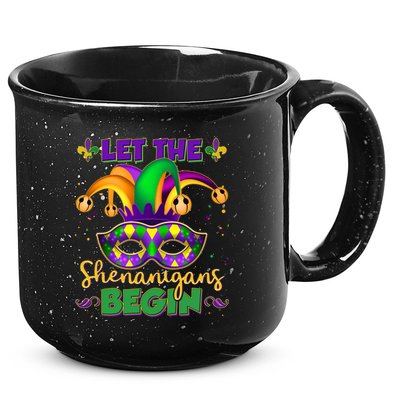 Funny Mardi Gras Let The Shenanigans Begin Jester Hat Mask 15oz Campfire Ceramic Mug