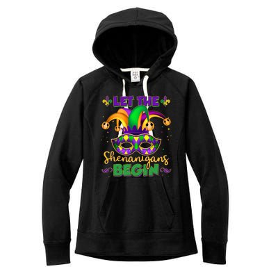 Funny Mardi Gras Let The Shenanigans Begin Jester Hat Mask Women's Fleece Hoodie