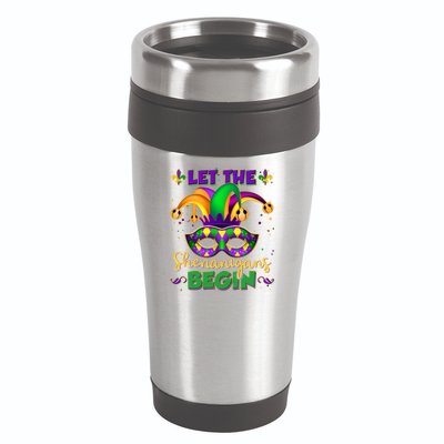 Funny Mardi Gras Let The Shenanigans Begin Jester Hat Mask 16oz Travel Tumbler