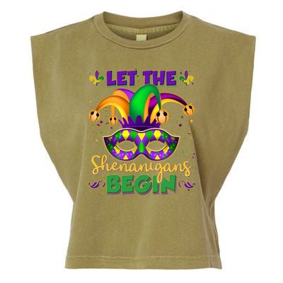 Funny Mardi Gras Let The Shenanigans Begin Jester Hat Mask Garment-Dyed Women's Muscle Tee
