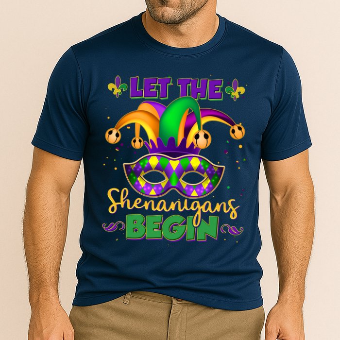 Funny Mardi Gras Let The Shenanigans Begin Jester Hat Mask Cooling Performance Crew T-Shirt