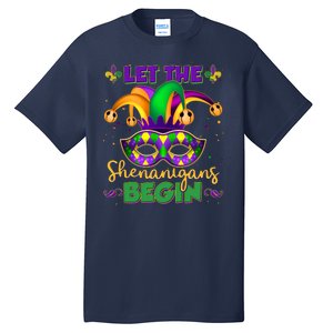 Funny Mardi Gras Let The Shenanigans Begin Jester Hat Mask Tall T-Shirt