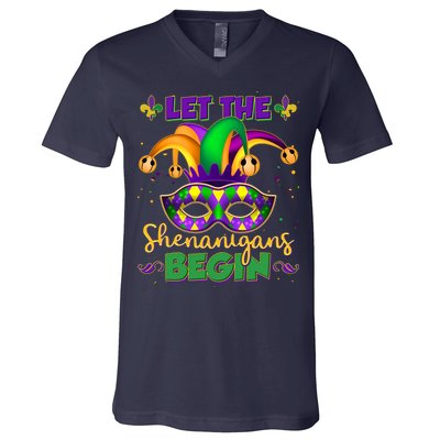 Funny Mardi Gras Let The Shenanigans Begin Jester Hat Mask V-Neck T-Shirt
