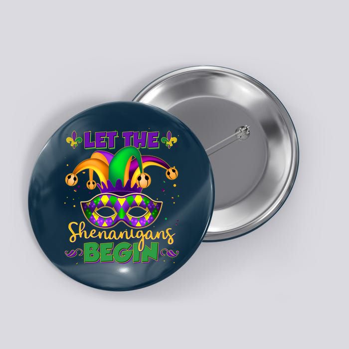 Funny Mardi Gras Let The Shenanigans Begin Jester Hat Mask Button