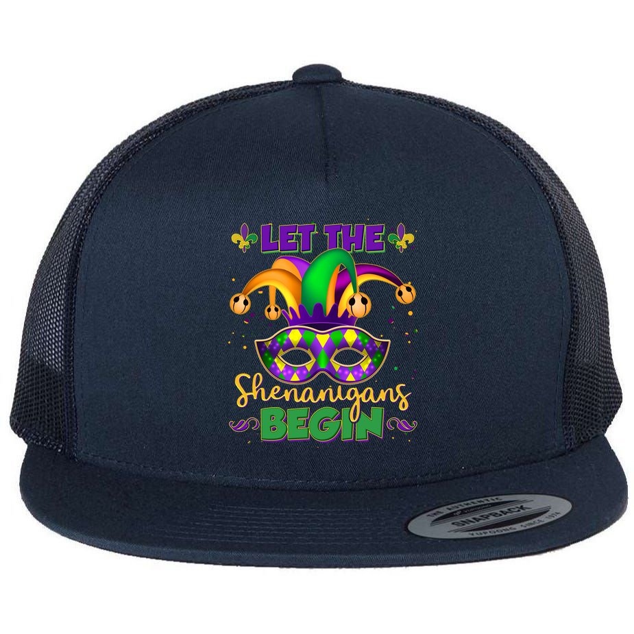 Funny Mardi Gras Let The Shenanigans Begin Jester Hat Mask Flat Bill Trucker Hat