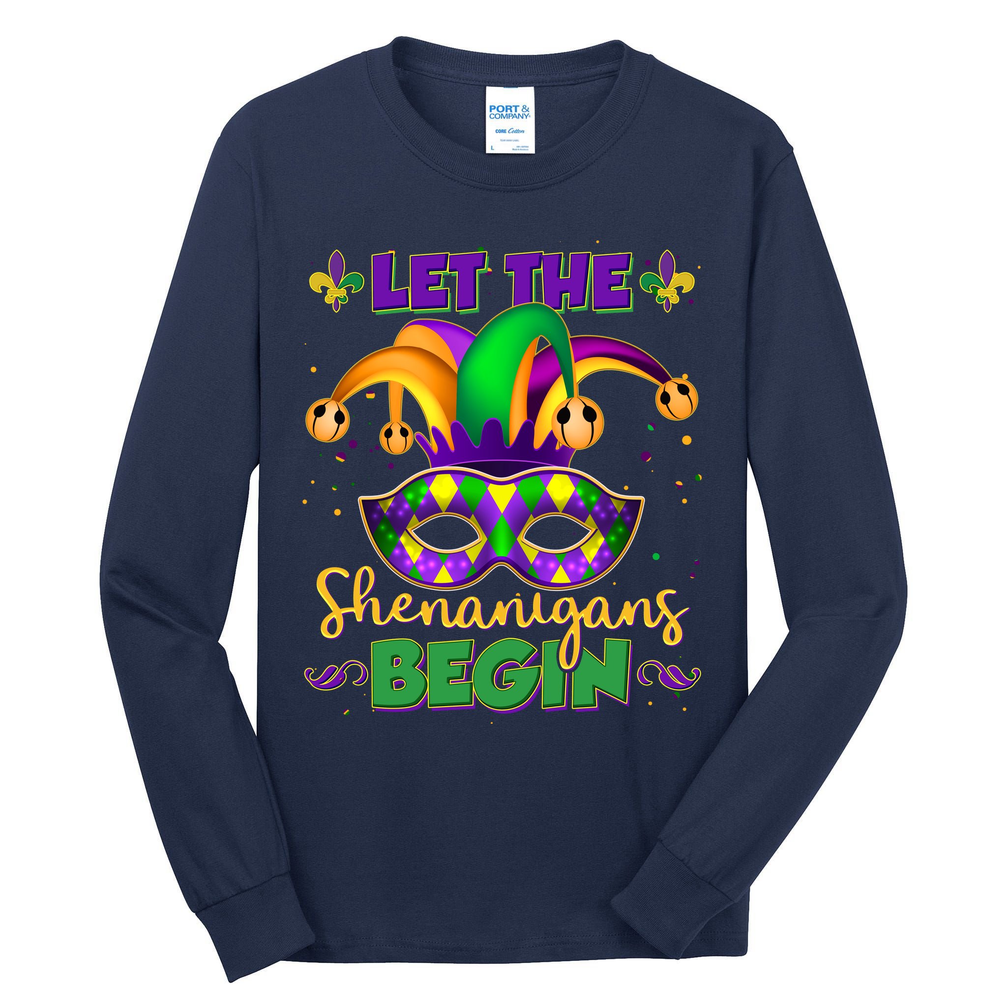 Funny Mardi Gras Let The Shenanigans Begin Jester Hat Mask Tall Long Sleeve T-Shirt