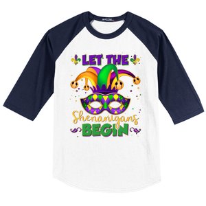 Funny Mardi Gras Let The Shenanigans Begin Jester Hat Mask Baseball Sleeve Shirt