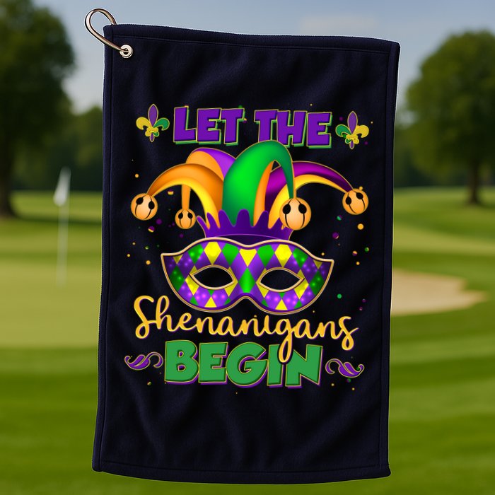 Funny Mardi Gras Let The Shenanigans Begin Jester Hat Mask Golf Towel
