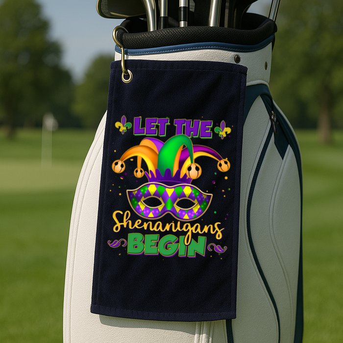 Funny Mardi Gras Let The Shenanigans Begin Jester Hat Mask Golf Towel
