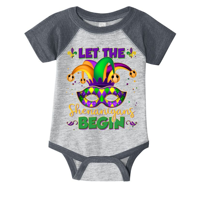 Funny Mardi Gras Let The Shenanigans Begin Jester Hat Mask Infant Baby Jersey Bodysuit