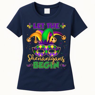 Funny Mardi Gras Let The Shenanigans Begin Jester Hat Mask Womens T-Shirt