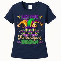 Funny Mardi Gras Let The Shenanigans Begin Jester Hat Mask Womens T-Shirt