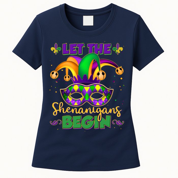 Funny Mardi Gras Let The Shenanigans Begin Jester Hat Mask Womens T-Shirt