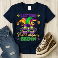 Funny Mardi Gras Let The Shenanigans Begin Jester Hat Mask Womens T-Shirt