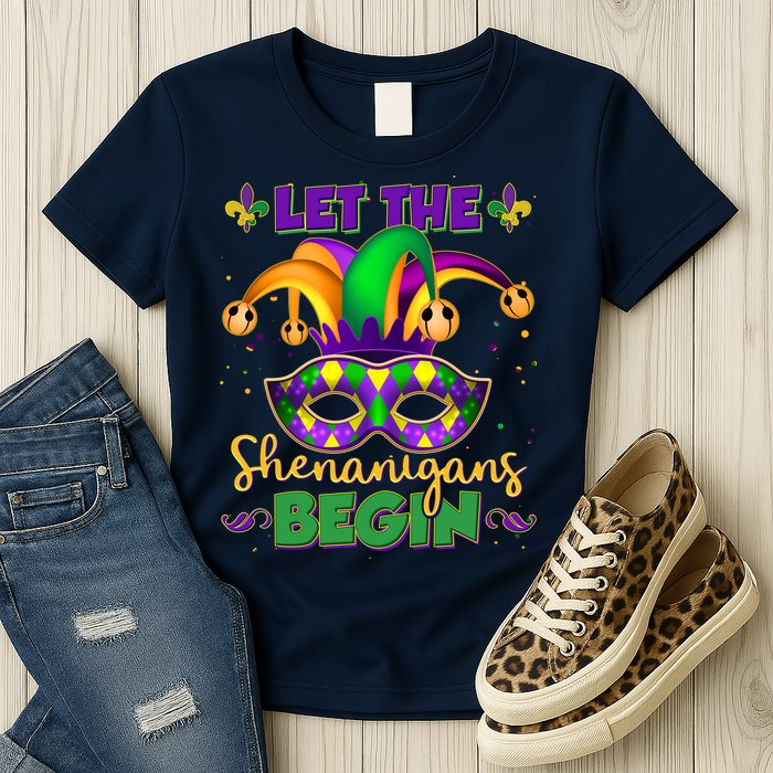 Funny Mardi Gras Let The Shenanigans Begin Jester Hat Mask Womens T-Shirt