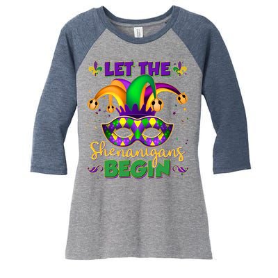 Funny Mardi Gras Let The Shenanigans Begin Jester Hat Mask Women's Tri-Blend 3/4-Sleeve Raglan Shirt