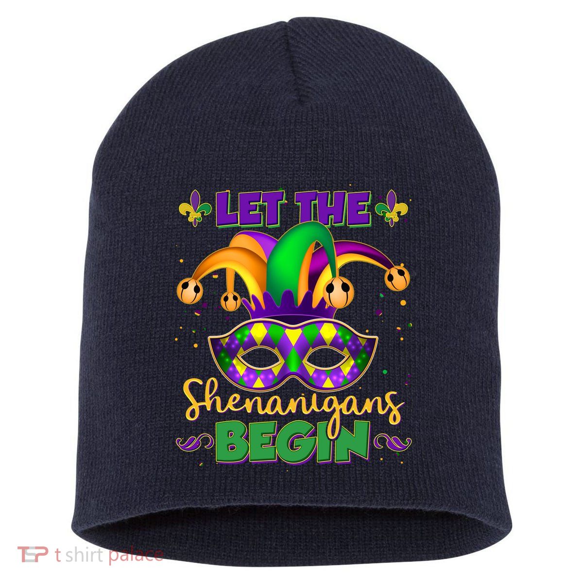 Funny Mardi Gras Let The Shenanigans Begin Jester Hat Mask Short Acrylic Beanie