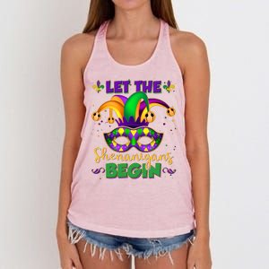 Funny Mardi Gras Let The Shenanigans Begin Jester Hat Mask Women's Knotted Racerback Tank