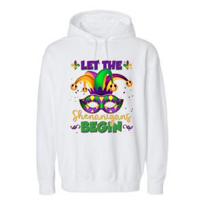 Funny Mardi Gras Let The Shenanigans Begin Jester Hat Mask Garment-Dyed Fleece Hoodie