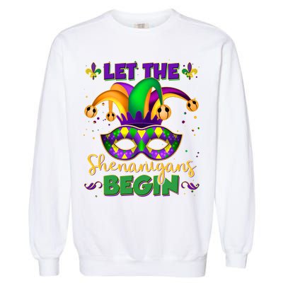 Funny Mardi Gras Let The Shenanigans Begin Jester Hat Mask Garment-Dyed Sweatshirt