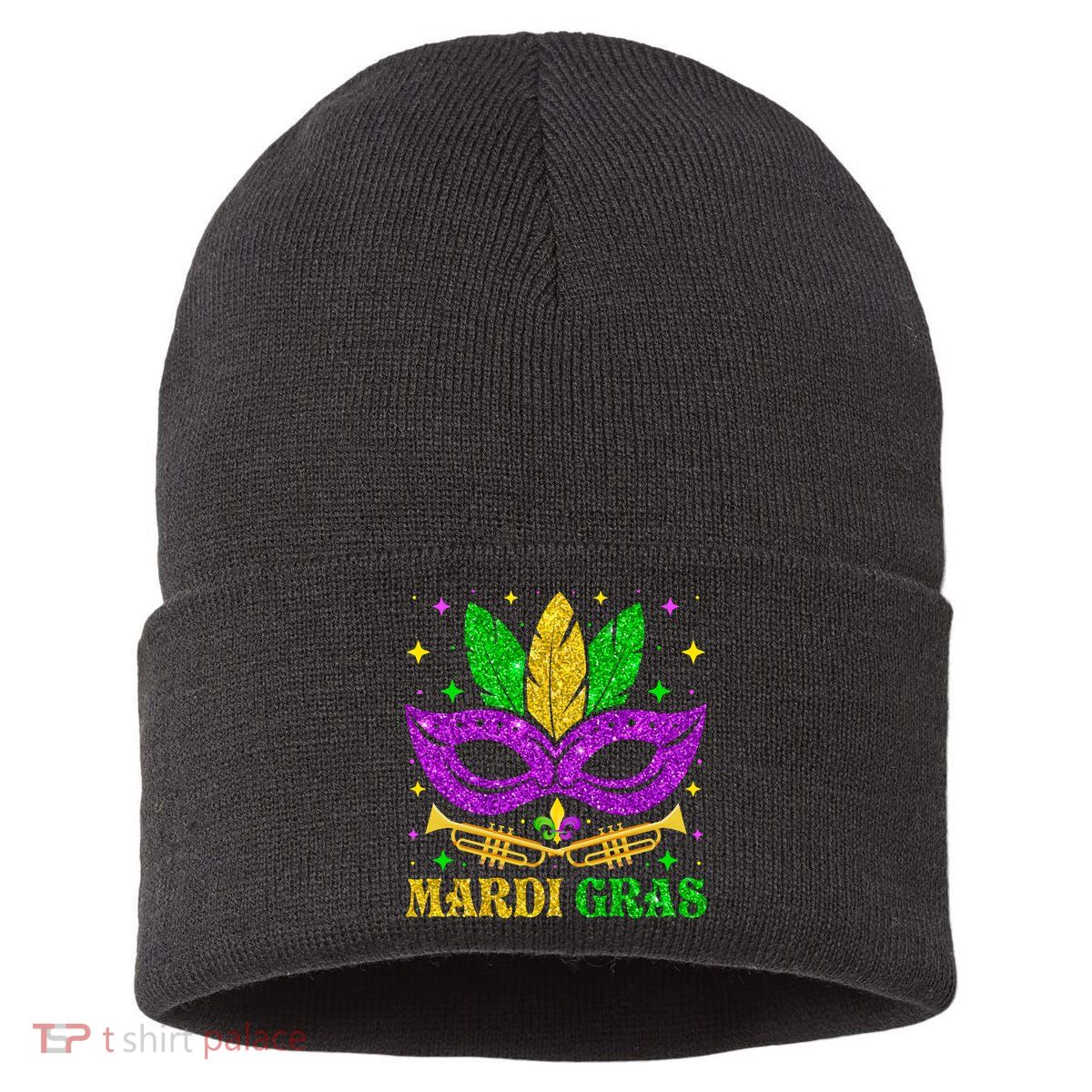 Funny Mardi Gras Mask Mardi Gras Beads Sustainable Knit Beanie