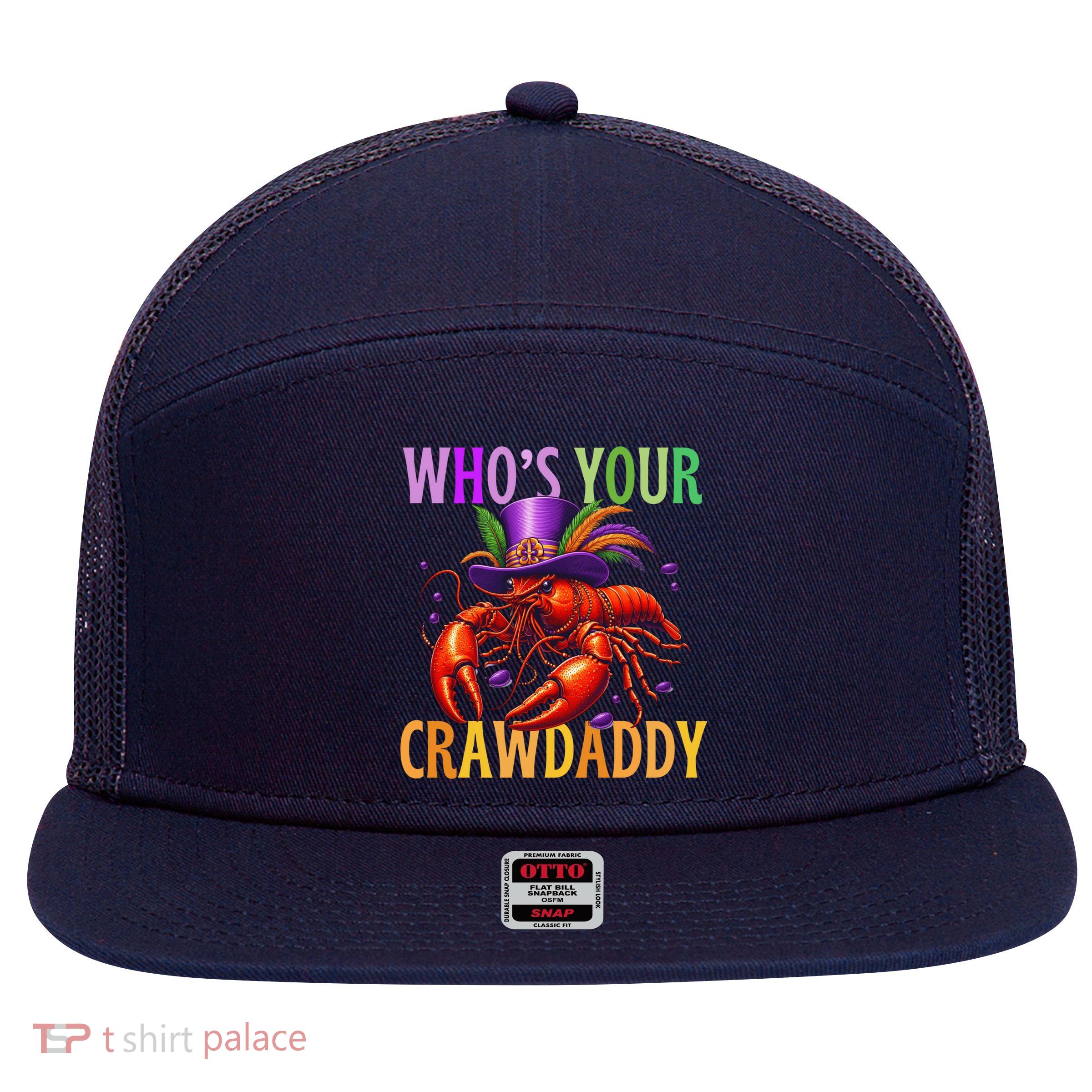 Funny Mardi Gras Crawfish With Beads And Feathers 7 Panel Mesh Trucker Snapback Hat