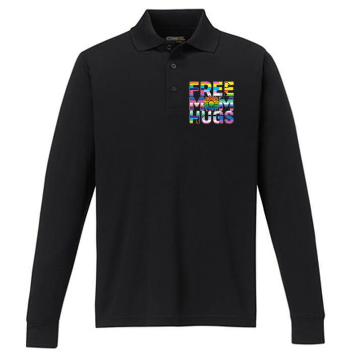 Free Mom Hugs Lgbt Pride Mom Daisy Flower Lesbian Mother Day Performance Long Sleeve Polo