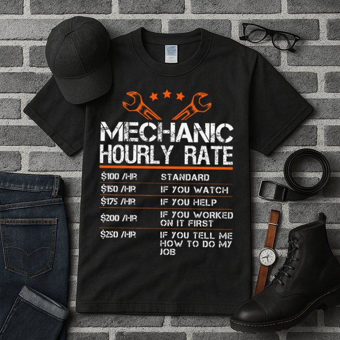 Funny Mechanic Hourly Rate Car Auto Repairman Labor Rates Tall T-Shirt