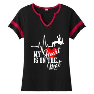 Funny My Heart Is Gift On The Mat Wrestling Mom Gift Ladies Halftime Notch Neck Tee