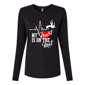 Funny My Heart Is Gift On The Mat Wrestling Mom Gift Womens Cotton Relaxed Long Sleeve T-Shirt