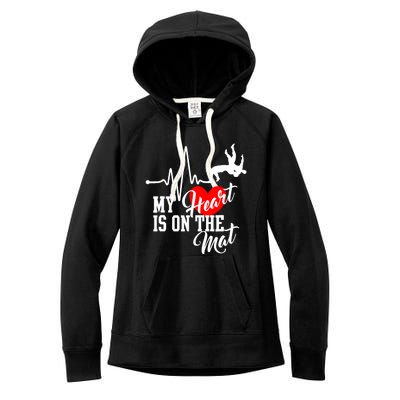 Funny My Heart Is Gift On The Mat Wrestling Mom Gift Women's Fleece Hoodie