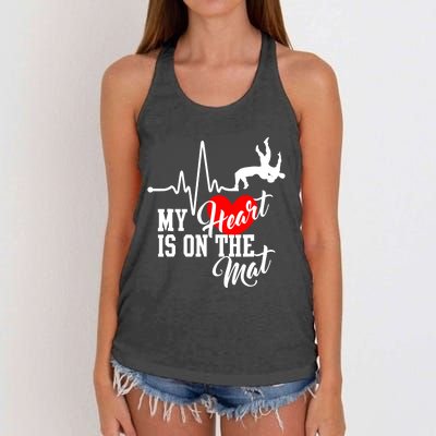 Funny My Heart Is Gift On The Mat Wrestling Mom Gift Women's Knotted Racerback Tank