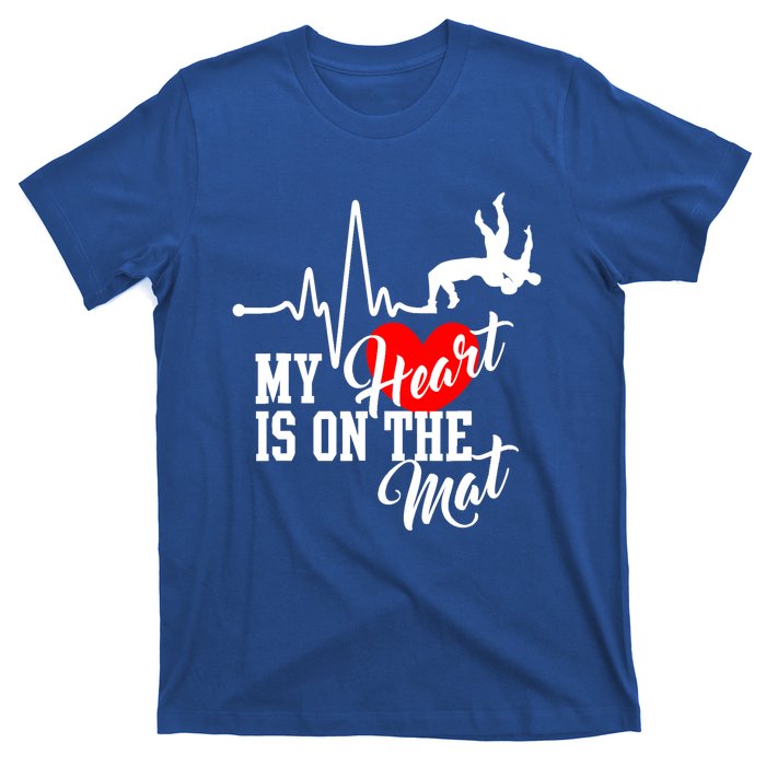 Funny My Heart Is Gift On The Mat Wrestling Mom Gift T-Shirt